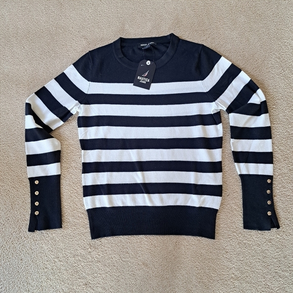 Nautica Jeans Striped Sweater Women's XS Navy Blue White Stripe Lightweight Knit - Picture 13 of 13